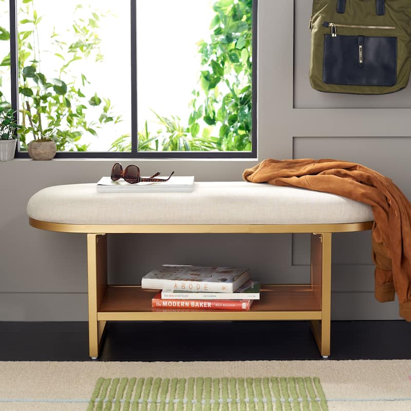 SAFAVIEH Mignon Open Shelf Bench withCushion - 42" W x 15" D x 18" H - 42Wx15Dx18H - Cream/Walnut