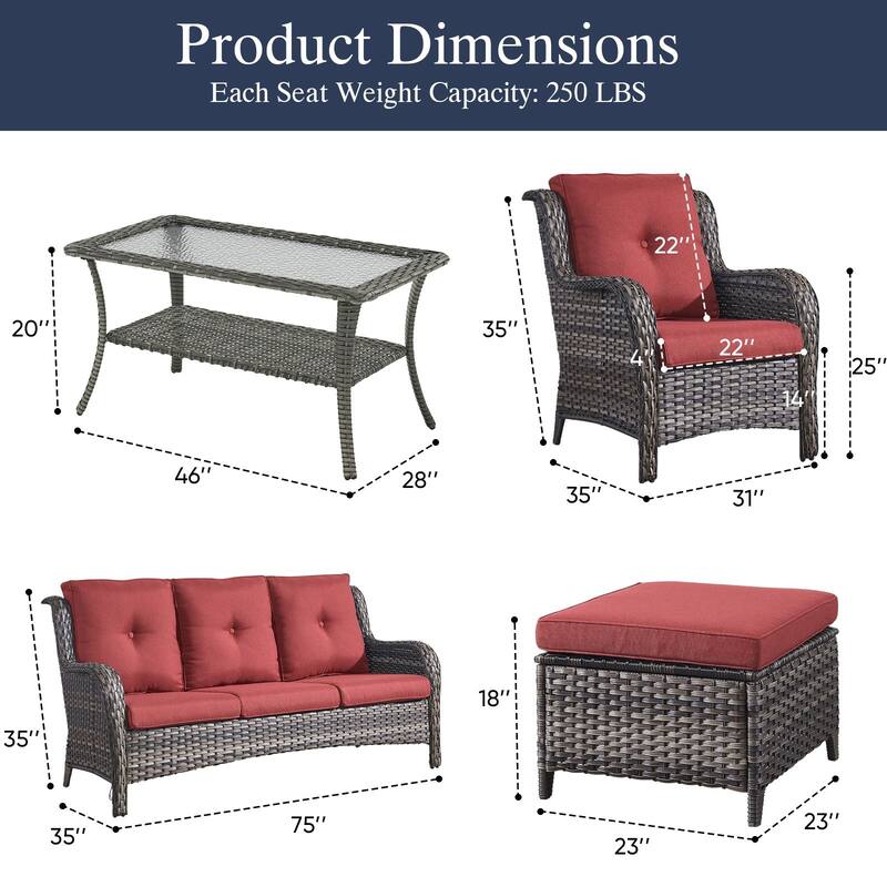 Outdoor Patio Chairs with Sofa Ottoman Grey-Red - Grey