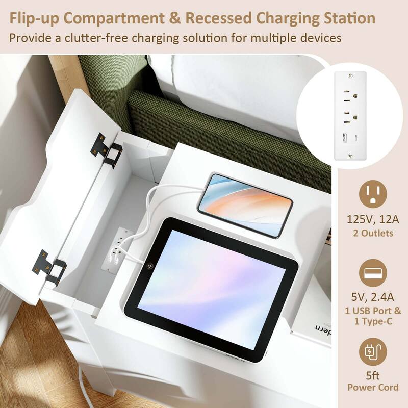 Costway 1/2 PCS End Table with Charging Station Flip Top Bedside Table