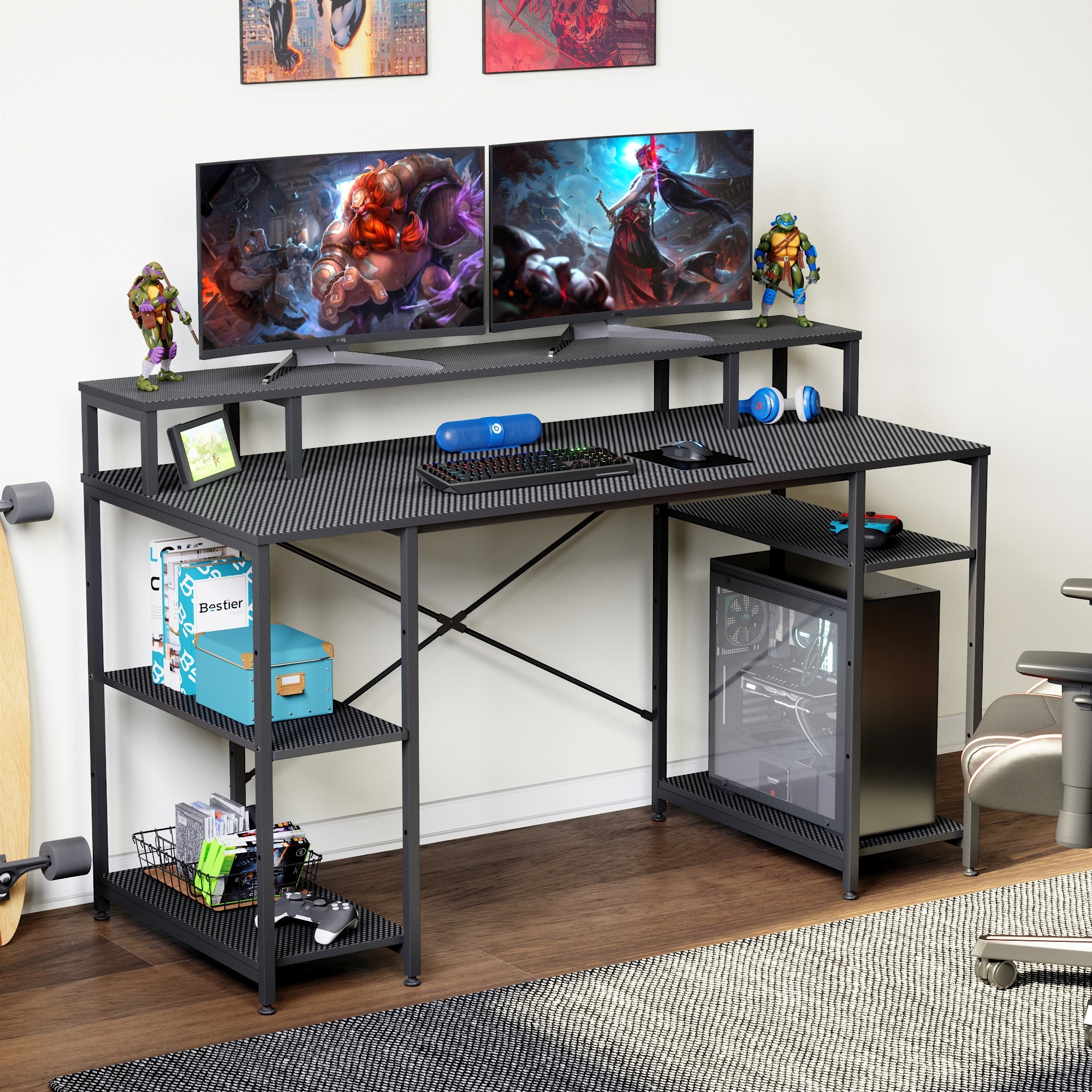 Dual monitor computer desk 2025 with keyboard tray