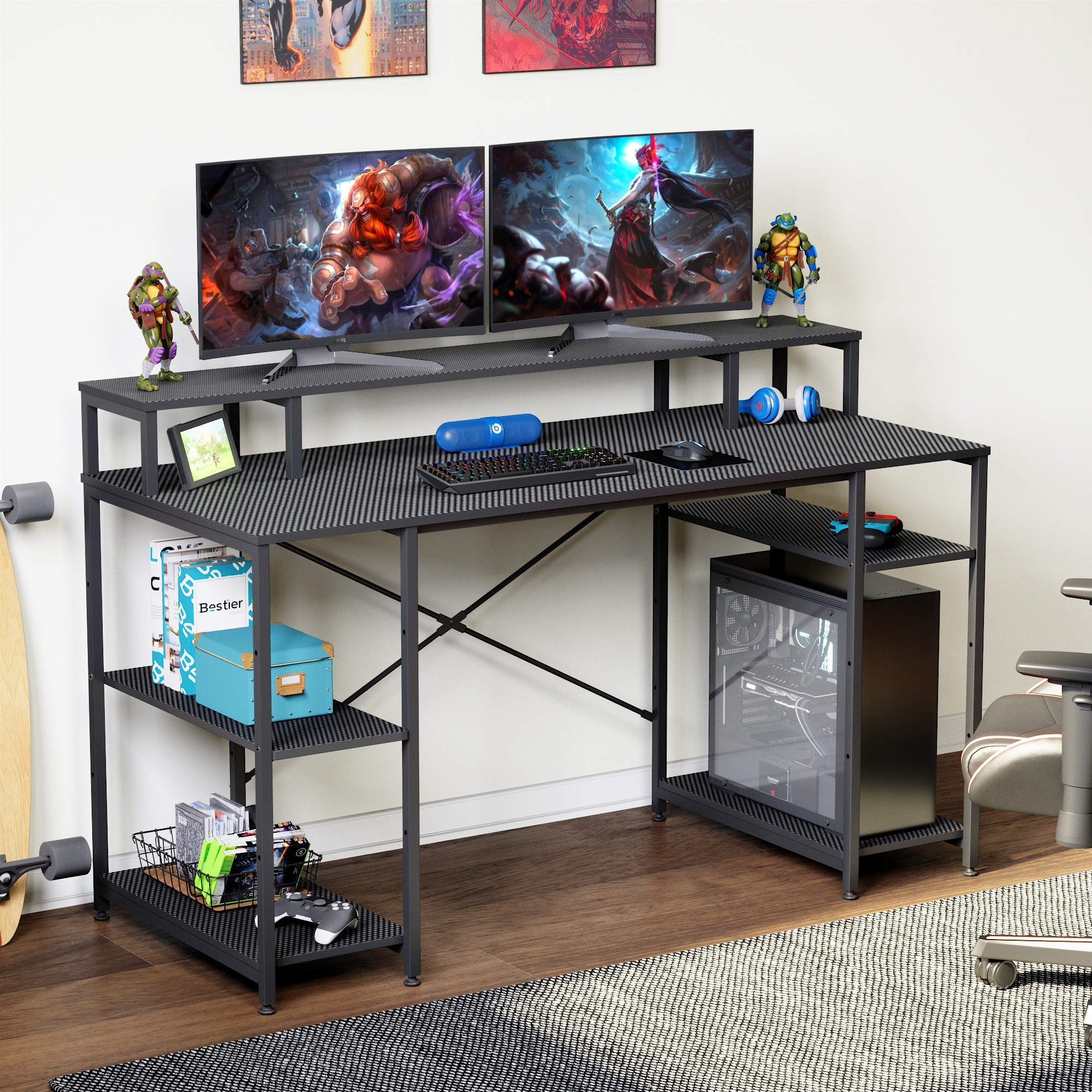 55 Inch Dual Monitor Computer Desk with Adjustable Shelves - Bed