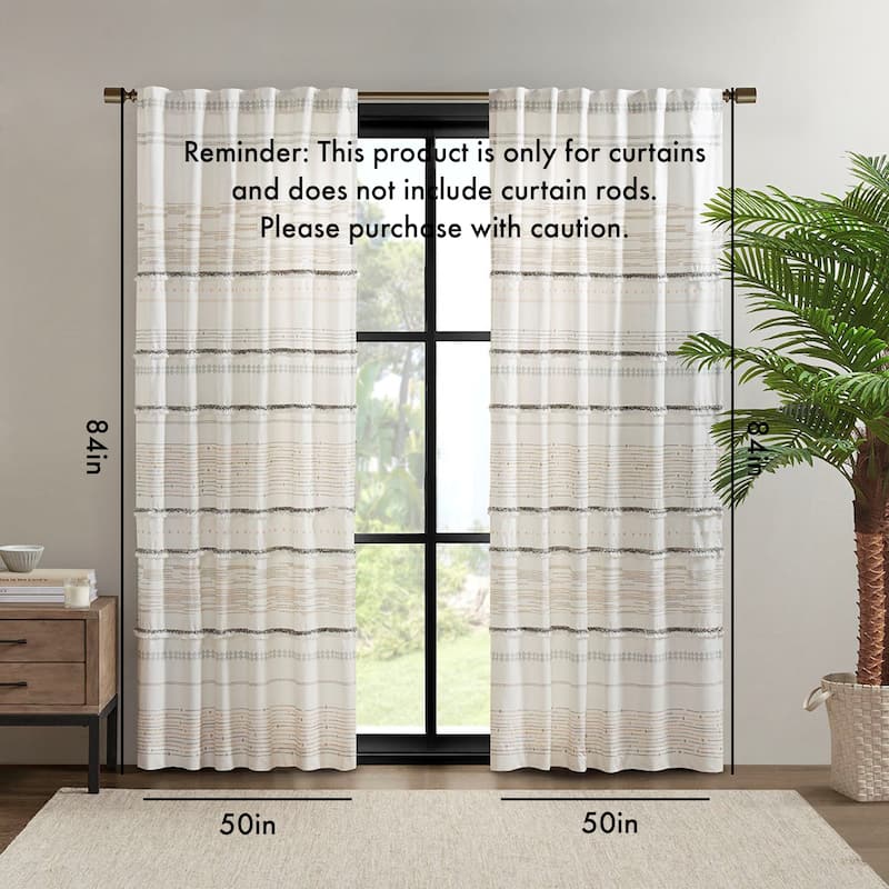 Rossetta Bohemian Vibe Cotton Printed with Chenille Tufted Detail Window Curtain Panel, Only 1 Piece Panel - 50"W x 84"L