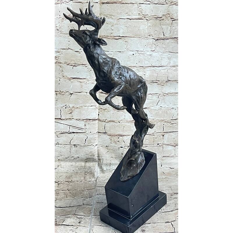 Elk Deer Caribou Stag Buck Jumping Bronze Statue Sculpture On Marble Base