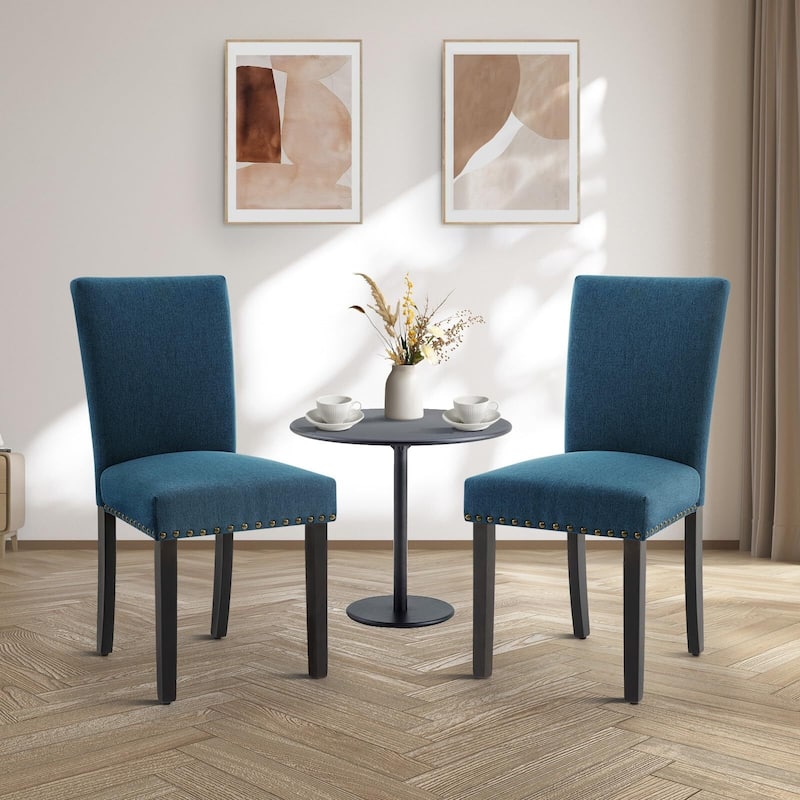 Upholstered Dining Chairs Set of 2, Fabric Parsons Dining Room Chair with Nailhead Trim and Sturdy Wood Legs - Dark Blue