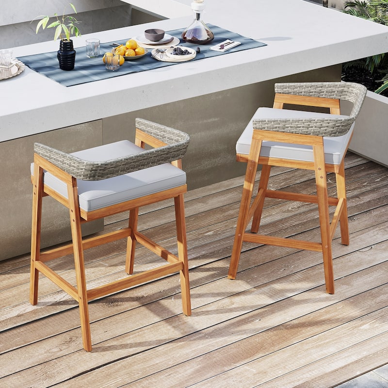 Set of 2 Acacia Wood Outdoor Bar Stools with Cushions and Wicker Back - 22" x 21" x 35" - Grey