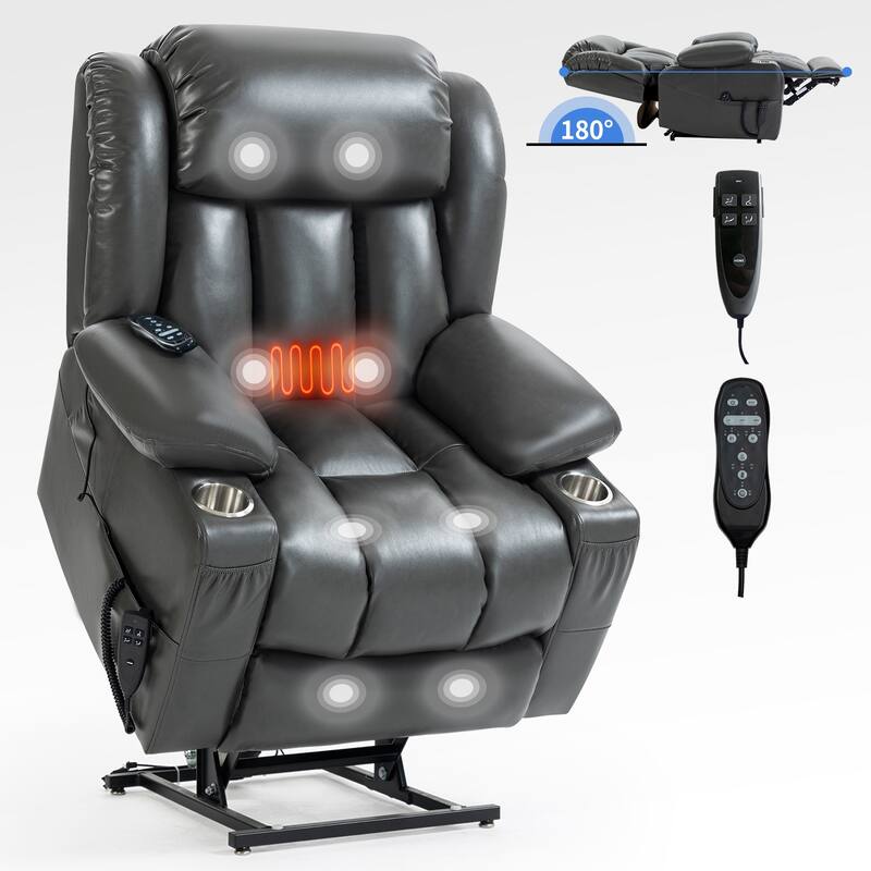 Oversized Faux Leather Power Lift Recliner with Massage & Heating