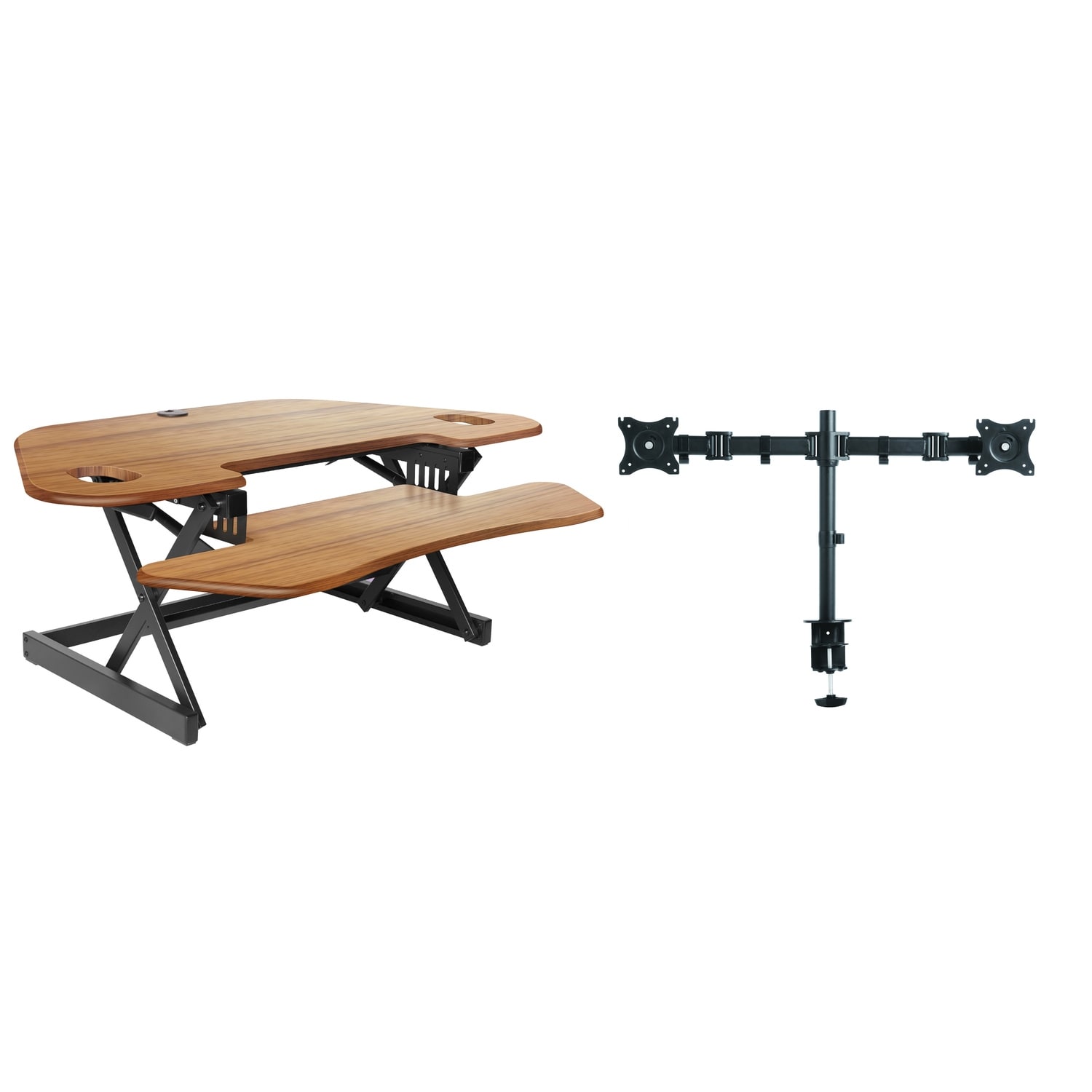 Rocelco 46 in. W Beige Height Adjustable Corner Standing Desk Converter with Dual Monitor Arm and Extra Tray Platform