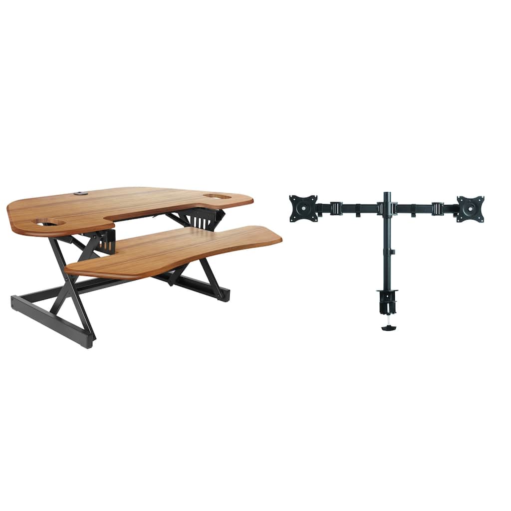 Rocelco 46 in. W Beige Height Adjustable Corner Standing Desk Converter with Dual Monitor Arm and Extra Tray Platform