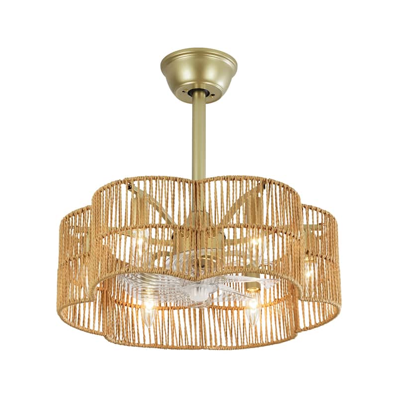 6-Light 19.6" Farmhouse Boho Gold and Brown 7-Blade Geometric Drum Ceiling Fan Lighting with Remote Included