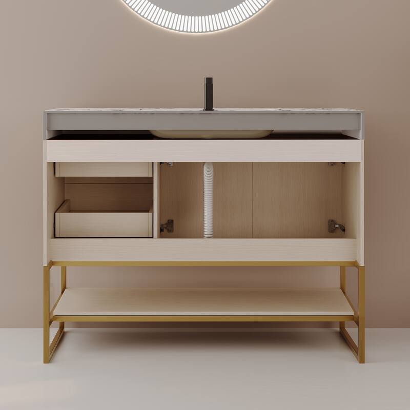 GDFStudio - Luxury 36" Freestanding Sintered Stone Bathroom Vanity with Seamless Ceramic Sink, Open Storage & Soft-Close Drawers