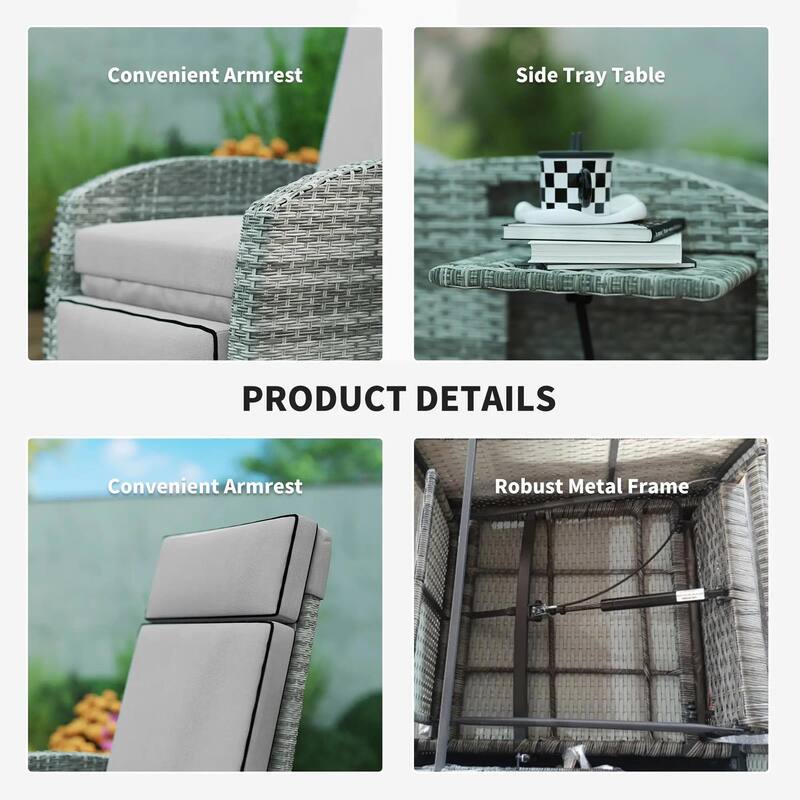 Outdoor Recliner with Cushions,Adjustable Footrest,Armrests,Tray Table
