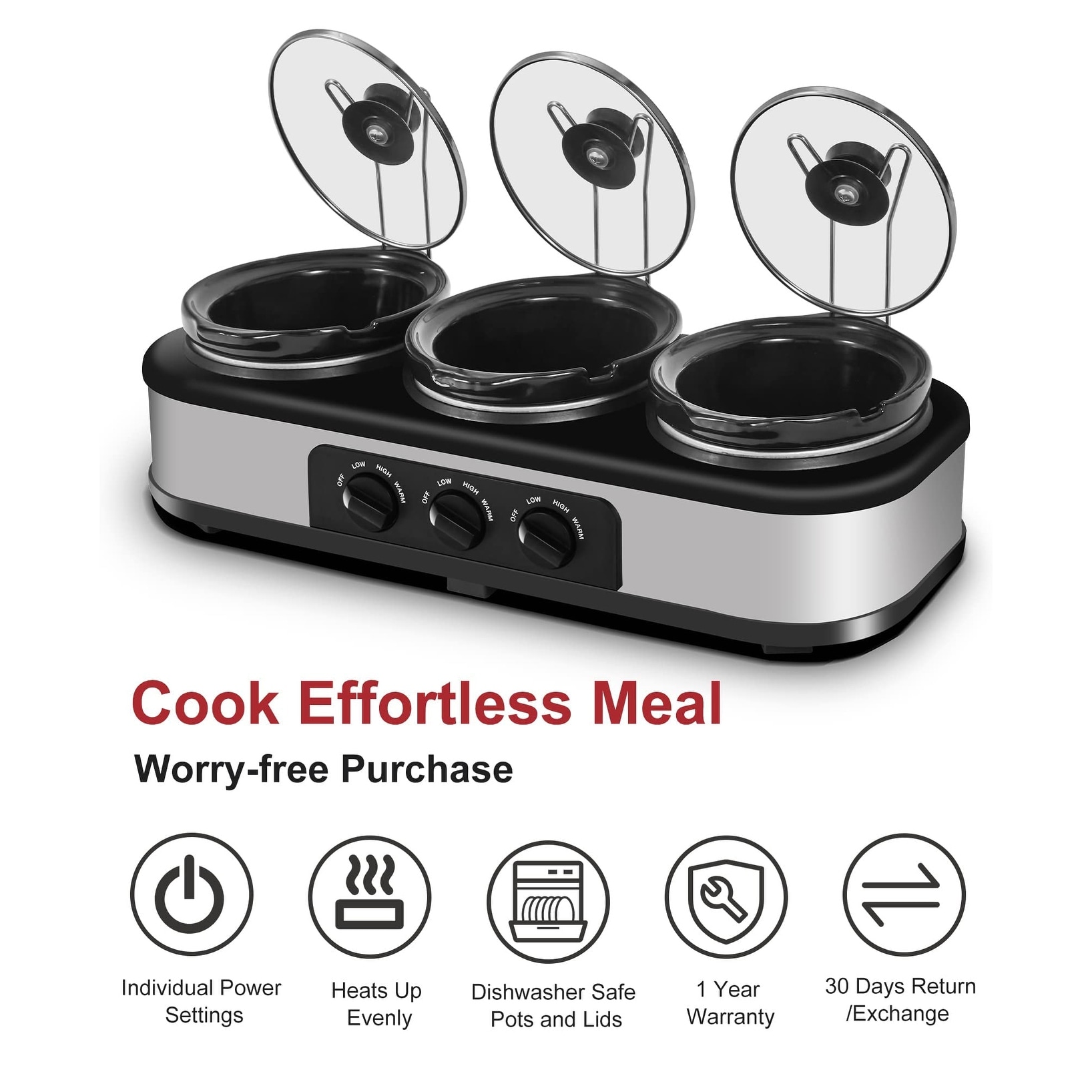  Triple Slow Cooker with Lid Rests, Breakfast Buffet Servers and  Warmers with 3 X 1.5Qt, Tempered glass lids & 3 Adjustable Temp, Dishwasher  Safe, Stainless Steel: Home & Kitchen