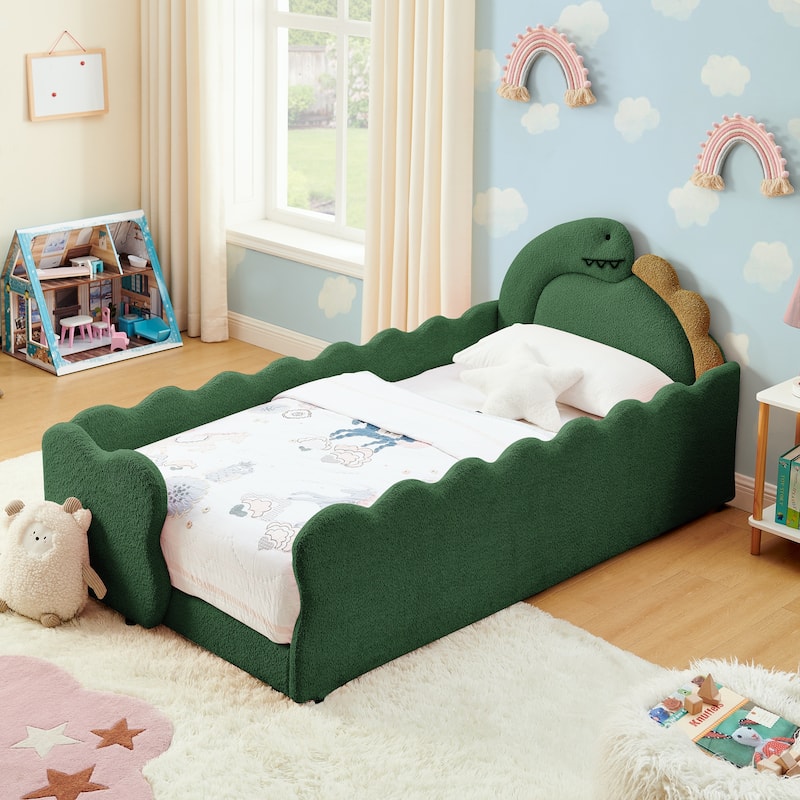 Twin Dinosaur-Shaped Kids Bed with Safety Guardrail - Solid Wood Toddler Bed Frame in Boucle Fabric