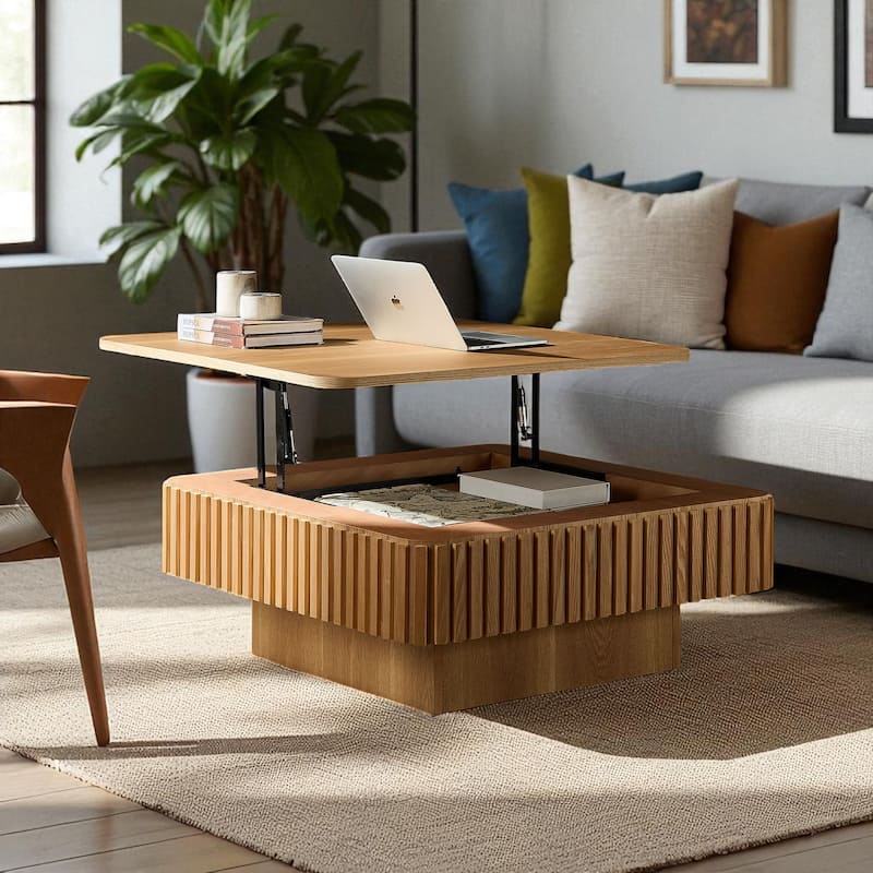 35.43" Modern Handcrafted Drum Coffee Table with Lift-Top and Hidden Storage, Square Wooden Accent Table