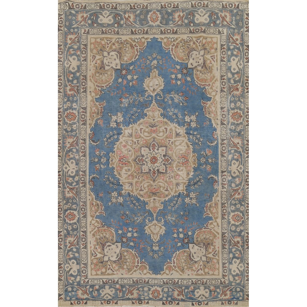 Over-Dyed Blue Tabriz Persian Vintage Area Rug Handmade Wool Carpet - 6'8"x 10'1"