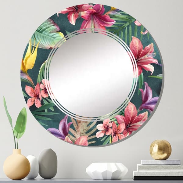 slide 2 of 11, Designart 'Tropical Red Flower In Palm Leaves' Printed Traditional Wall Mirror 24in.x24in.