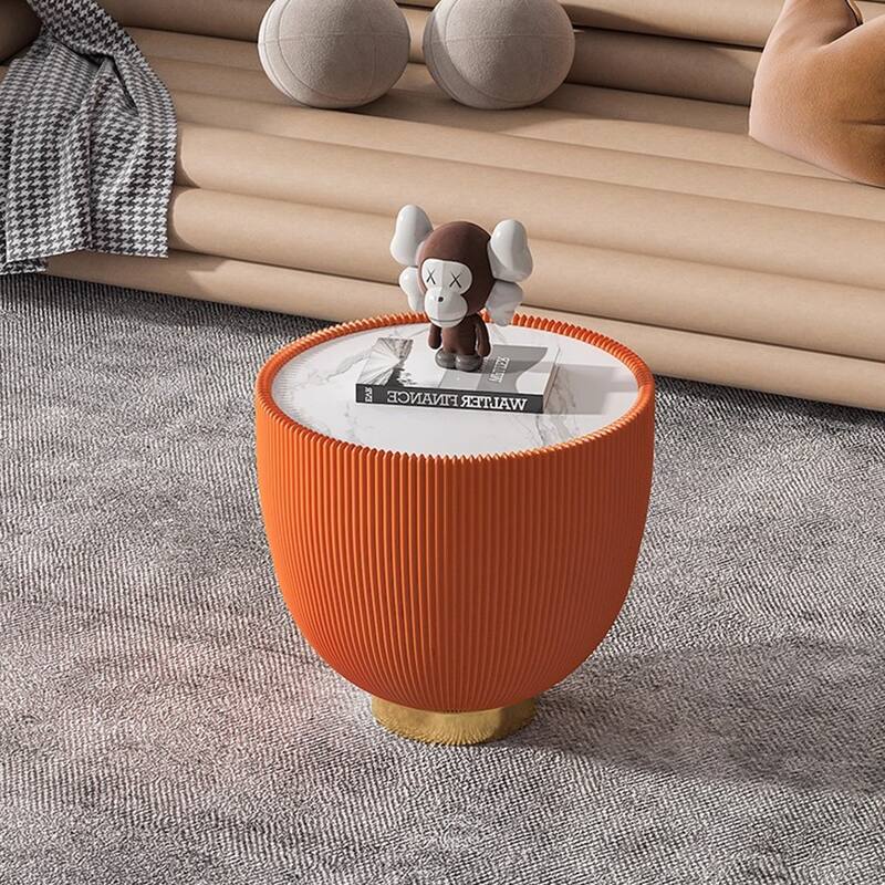Modern Round Marble Pattern Tabletop Leather Edge Sofa End Table With Metal Base,Luxurious Side Table - Gold,marble,Orange