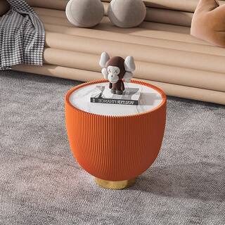 Modern Round Side Table with Marble-Pattern Top, Leather-Trim Edge & Metal Base, Luxurious Sofa End Table for Living Room Decor