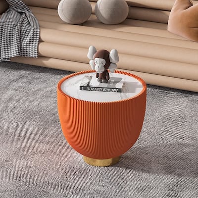 Modern Round Side Table with Marble-Pattern Top, Leather-Trim Edge & Metal Base, Luxurious Sofa End Table for Living Room Decor