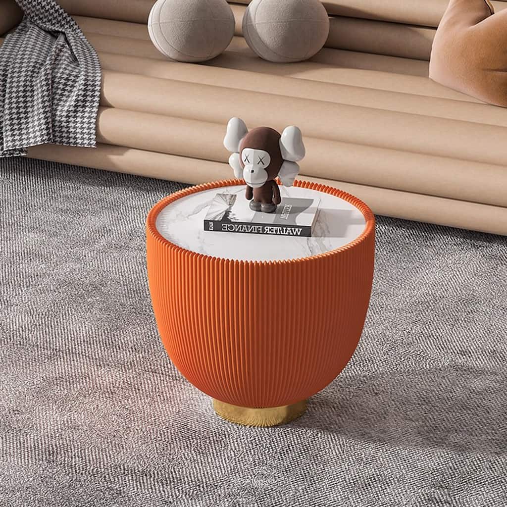 Modern Round Side Table with Marble-Pattern Top, Leather-Trim Edge & Metal Base, Luxurious Sofa End Table for Living Room Decor