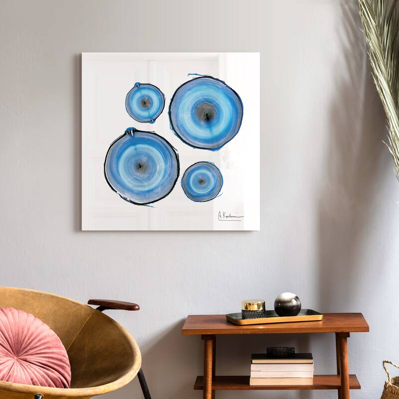 "Mineral Rings II" Abstract Wall Art on Frameless Free Floating Tempered Glass Panel - Blue