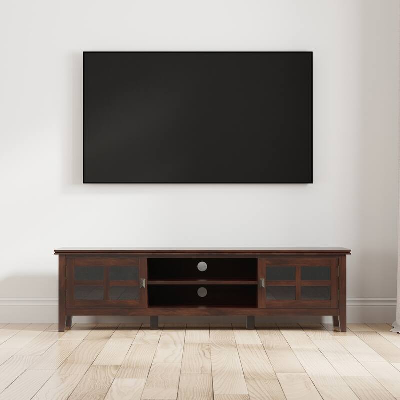 WYNDENHALL Stratford SOLID WOOD 72" Wide Transitional TV Media Stand in Russet Brown For TVs upto 80" - 16.5" D x 72" W x 20" H - Russet Brown