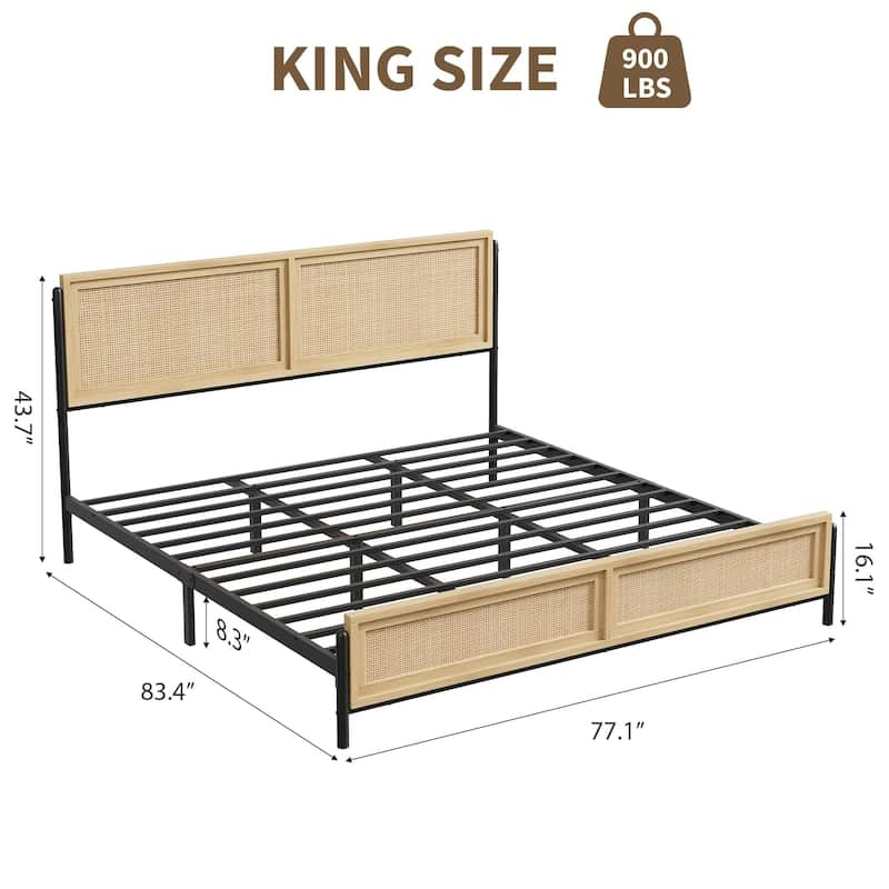 Boho Bed Frame with Natural Rattan Headboard and Footboard