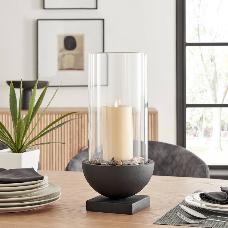 Large Pillar Candle Holders with Pebble and Pedestal Base - 15.25" - Black