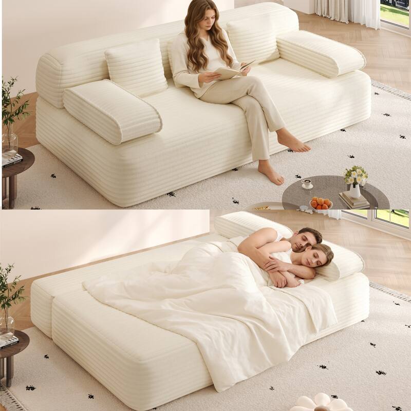78.7" Convertible Sofa Bed, 2-in-1 Corduroy Couch with 3 Pillows, Modern Folding Boneless Couch