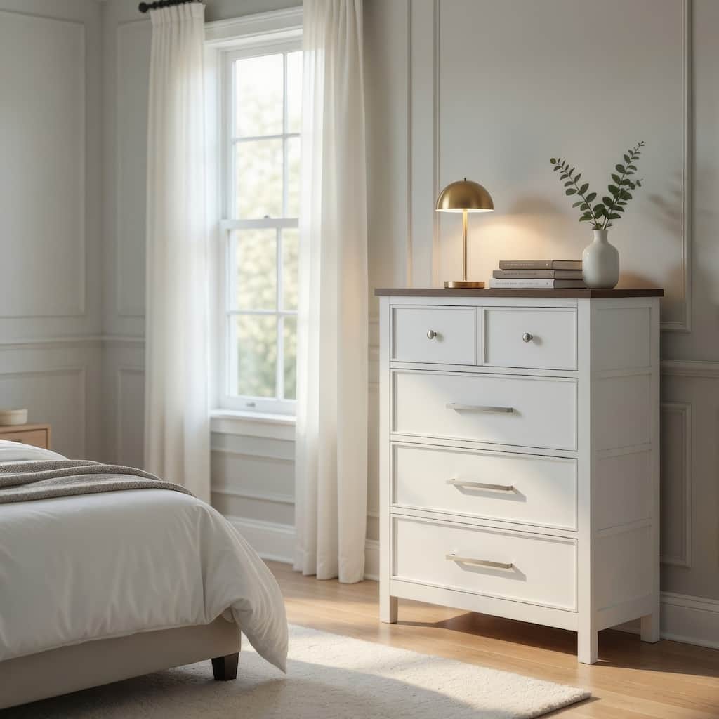 Tela Tall Dresser Chest, 5 Drawers w/ Nickel Handles, White and Brown