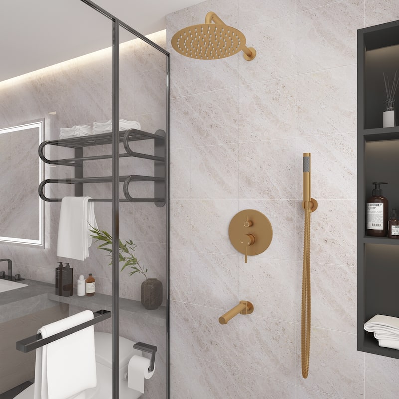 Clihome 10" Wall Rainfall 3 Way Round Shower System With Swivel Bathtub Spout - Brushed Gold