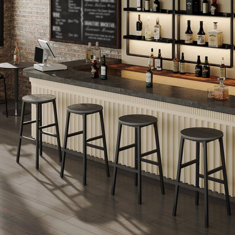 Bar Stools, Set of 2 Round Bar Chairs with Footrest, 24.4 Inch Kitchen Breakfast Bar Stools, Industrial Bar Stools