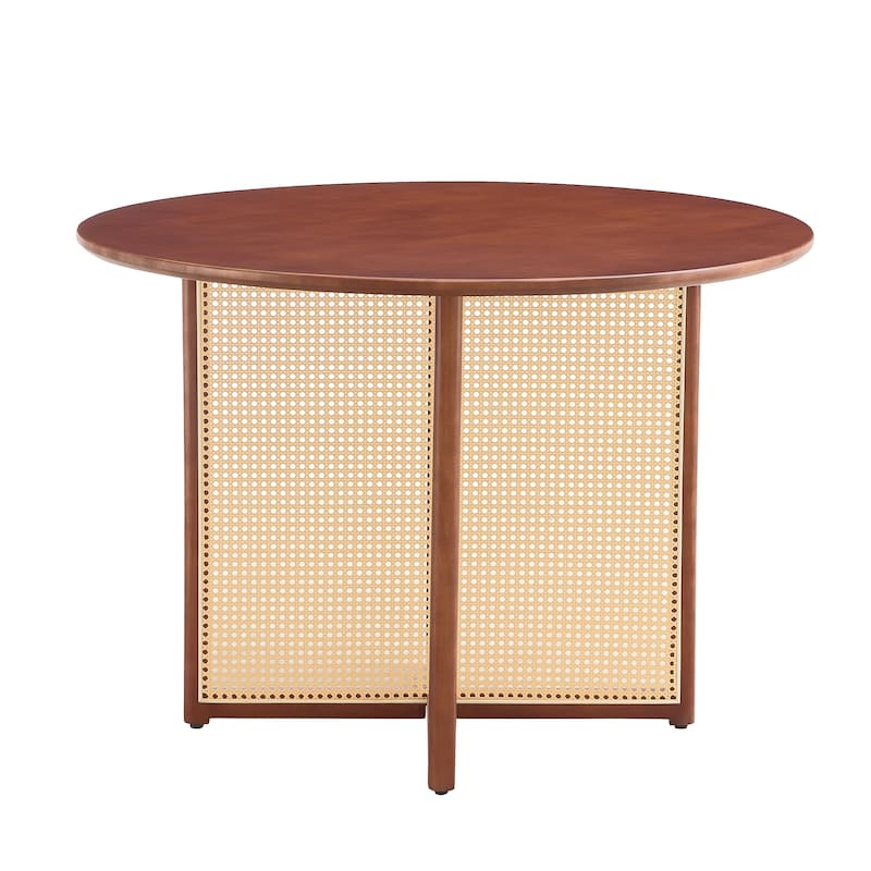 Roomfitters Solid Wood Round Table with Rattan Detailing, Retro Dining or Writing Desk for Home or Office