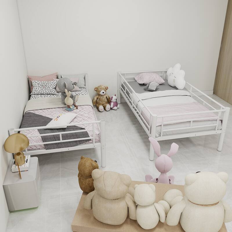 Convertible Twin Over Twin Metal Bunk Bed for Kids with Ladder & Guardrail, No Box Spring Needed