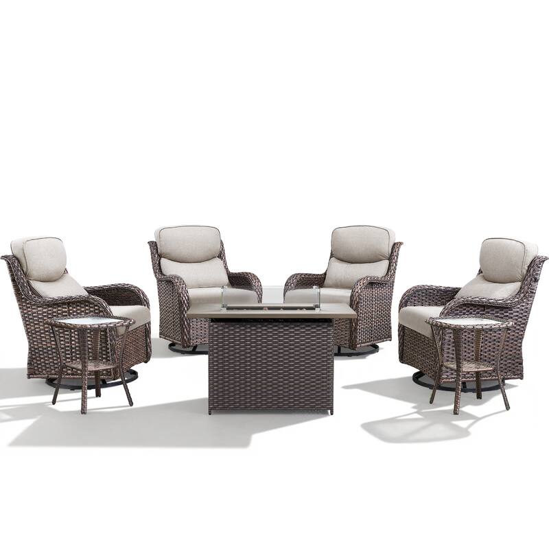 Meyreso 7-Piece Outdoor Patio Wicker Fire Pit 4 person Conversation Set with 5-Inch Thick Cushions