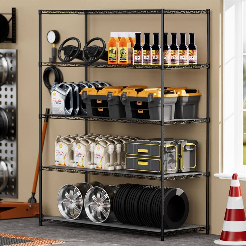 5 Tier Steel Heavy Duty Adjustable Shelves with Wheels and Feet - Black