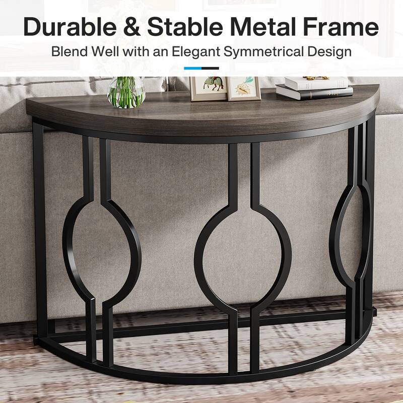 43" Half Moon Console Table for Entryway, Industrial Semi Circle Sofa Table with Geometric Base