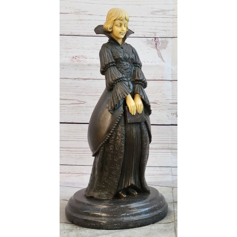 Victorian Era Woman Holding A Book Bronze Sculpture Statue On Marble Base