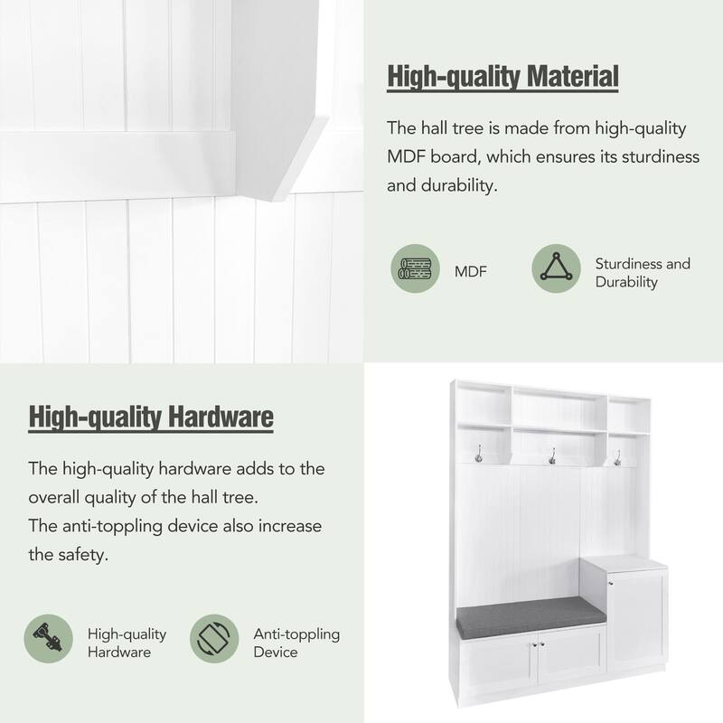 Upholstered Bench Shoe Bench with Storage Cabinets and Hooks, Coat Rack Entryway Bench with Storage Compartments