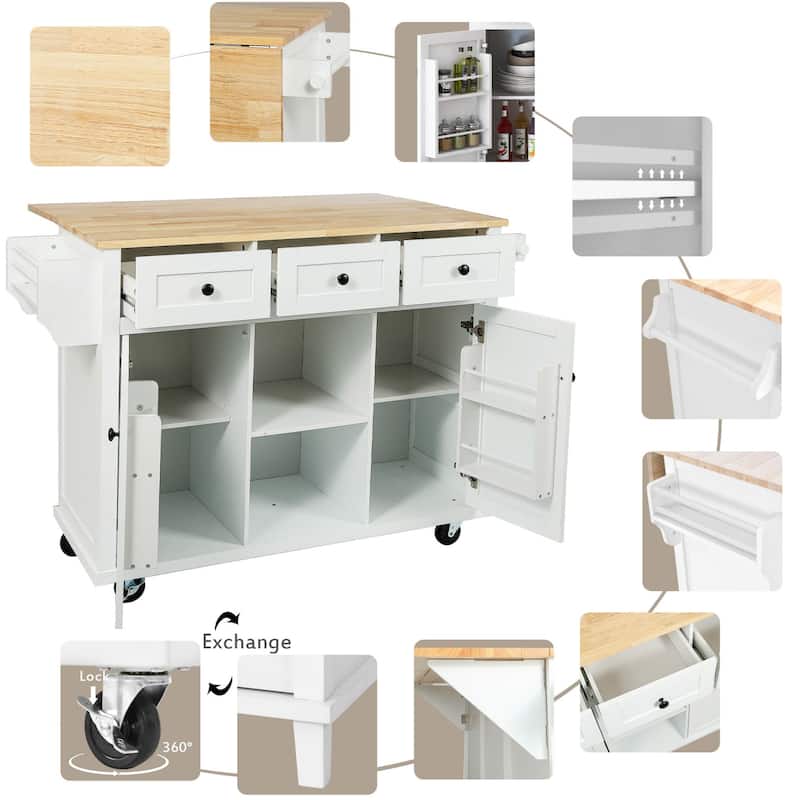 Oaks Aura 5-wheel White Kitchen Cart, Rubberwood Drop-Leaf Countertop, Internal storage racks, 3-drawer Storage Cabinet