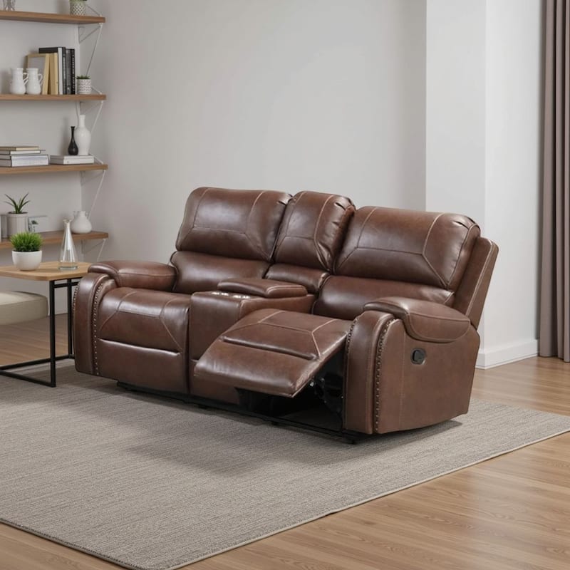 Teli Manual Recliner Loveseat with Console and USB Port, Dark Brown Faux Leather