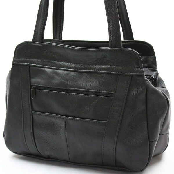 black handbag with compartments