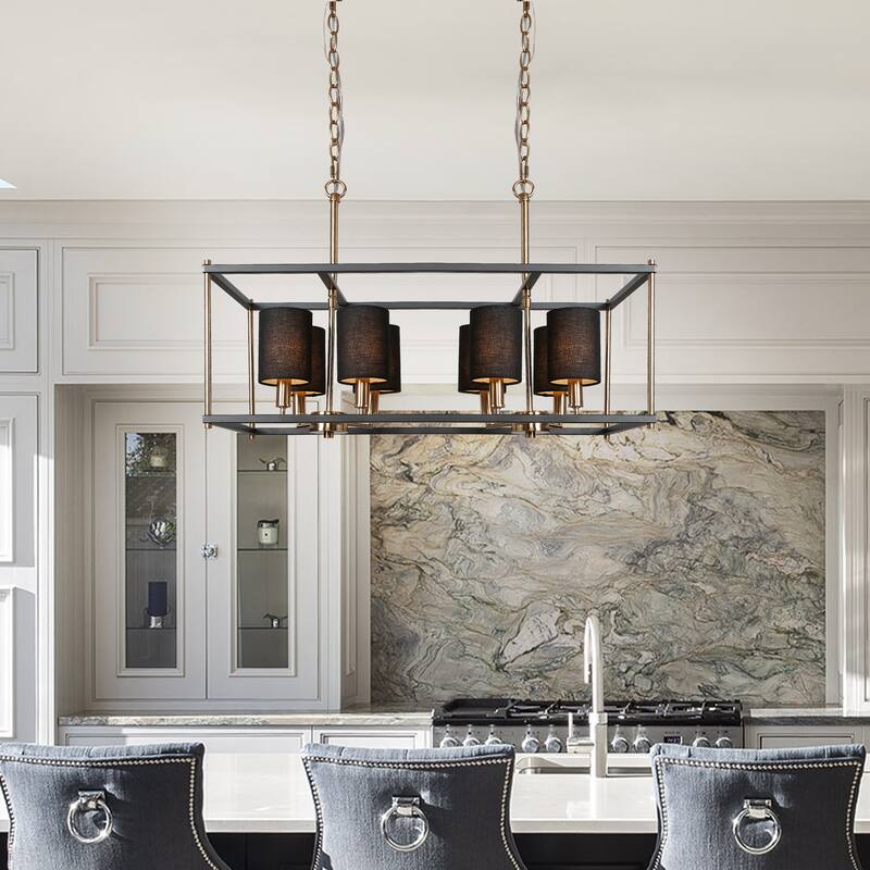 Evaie Mid-century Modern 8-light Chandeliers Linear Removable Fabric Shade Lights for Dining Room - L 26" x W 10.5" x H 82.5" - L 26" x W 10.5" x H 82.5" - Black-gold