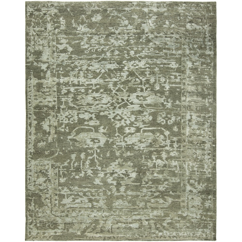 Transitional Grey Hand-Knotted Wool & Viscose Area Rug