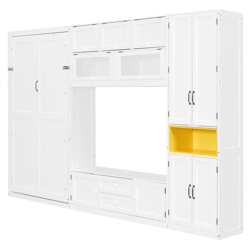 Twin Size Space-Saving Murphy Bed with TV Stand, Drawers, Shelves, and Cabinets, White