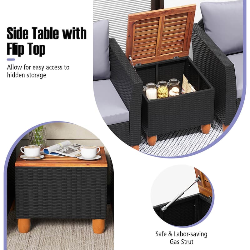3 PCS Patio Rattan Furniture Set Cushioned Storage Table w/ Wood Top
