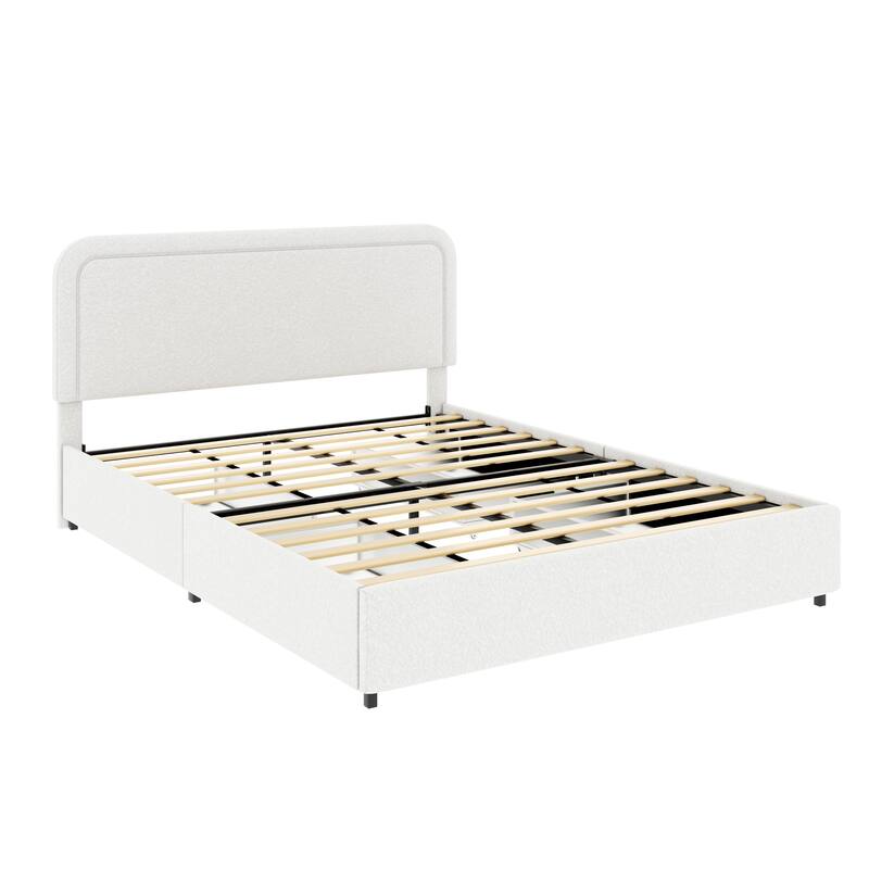 Queen Size Bed Frame with 4 Storage Drawers, Upholstered Platform Bed w/ Curved Stitched Tufted Headboard & Wooden Slat Support