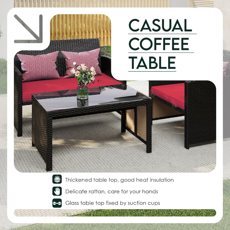 EROMMY 4-Piece Patio Furniture Set with Cushions, Wicker Sofa and Glass Coffee Table, All-Weather PE Rattan Conversation Set.