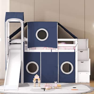 Twin/Full Size Wooden Loft Bed with Tent and Tower, Solid Pinewood High Loftbed Frame with Slide and Storage Staircase
