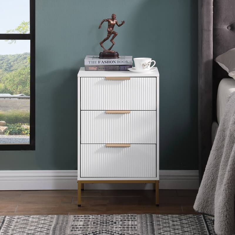 Nightstand with 3 Drawers, Sofa Side Table with Metal Handles & Legs, Wavy Drawer Panels Storage Table for Bedroom